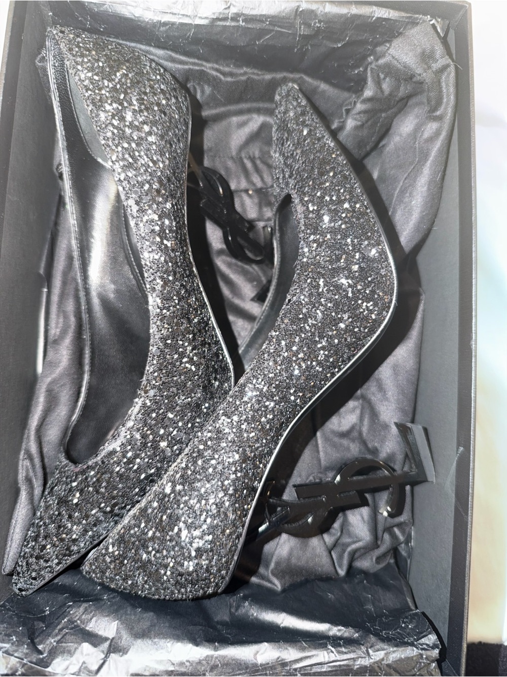 Women's YSL Black Glitter Pointed-Toe Heels